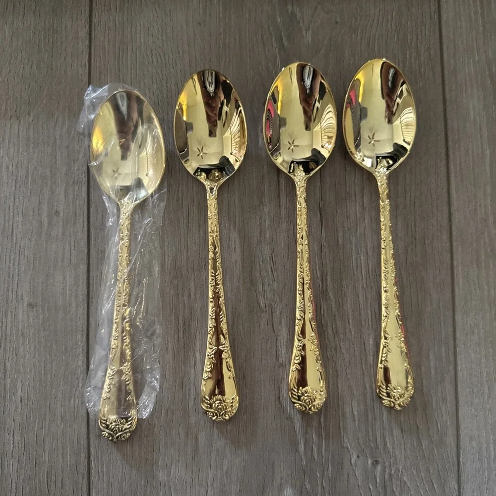 Golden Enchanted Rose Unmarked Gold Plated 4 Oval Place Soup Spoon Flatware‎